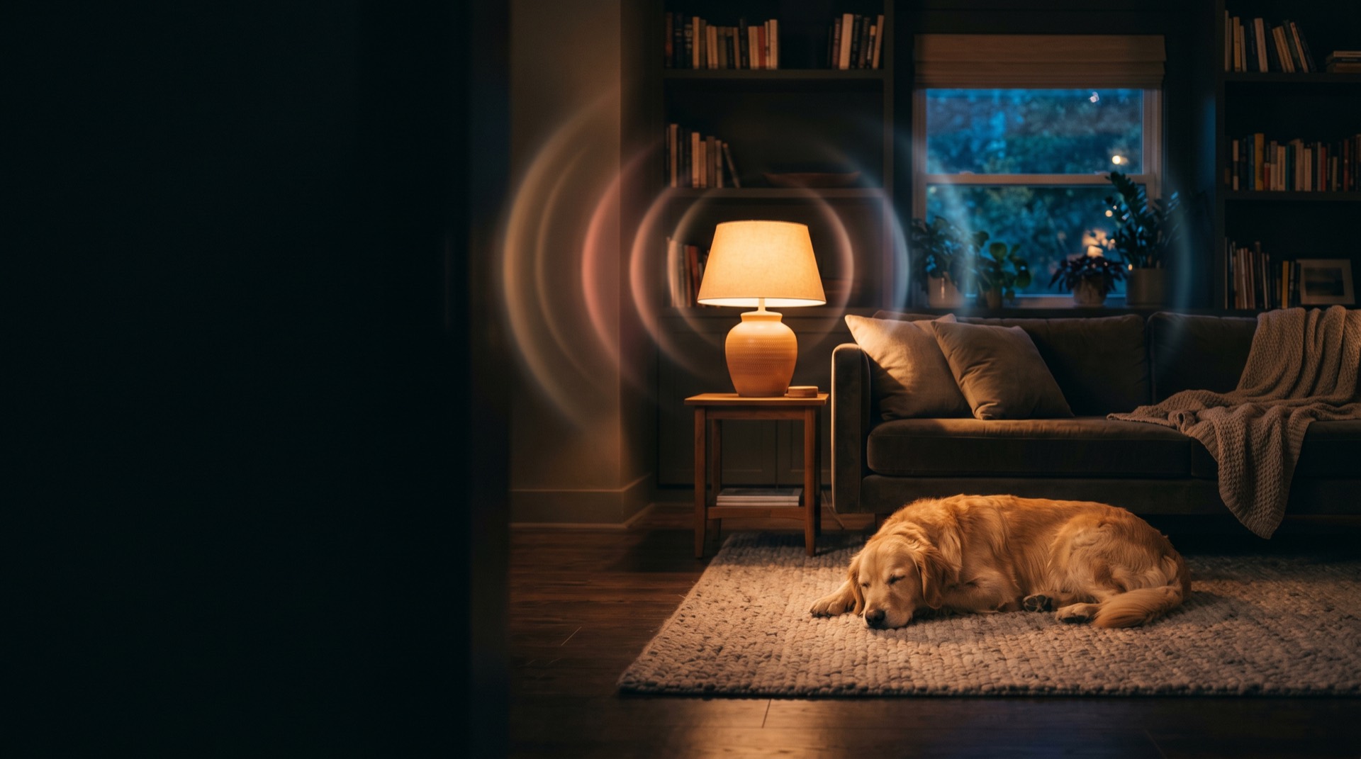 A warm living room at night with a dog resting calmly and soft signal waves radiating through the walls