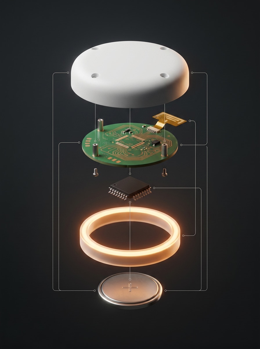 The AuraCare Pets sensor exploded to reveal its internals