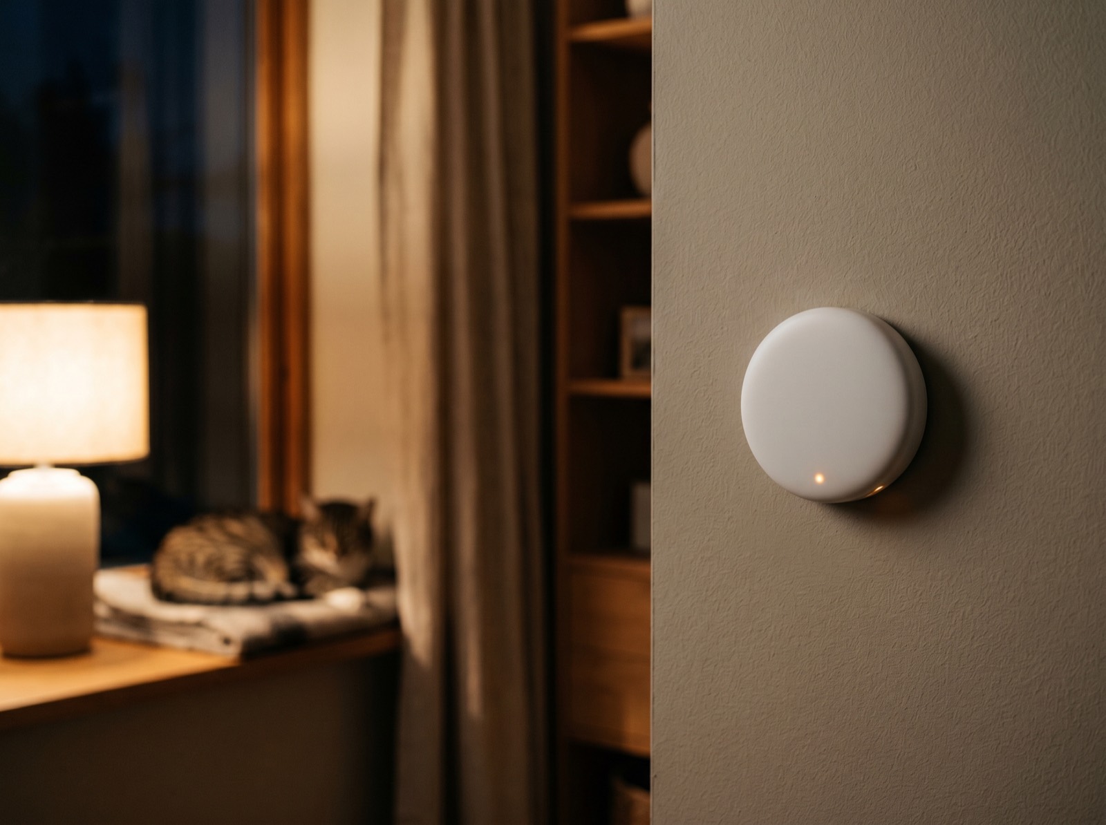 A discreet matte-white AuraCare Pets sensor mounted on a home wall, a cat resting nearby